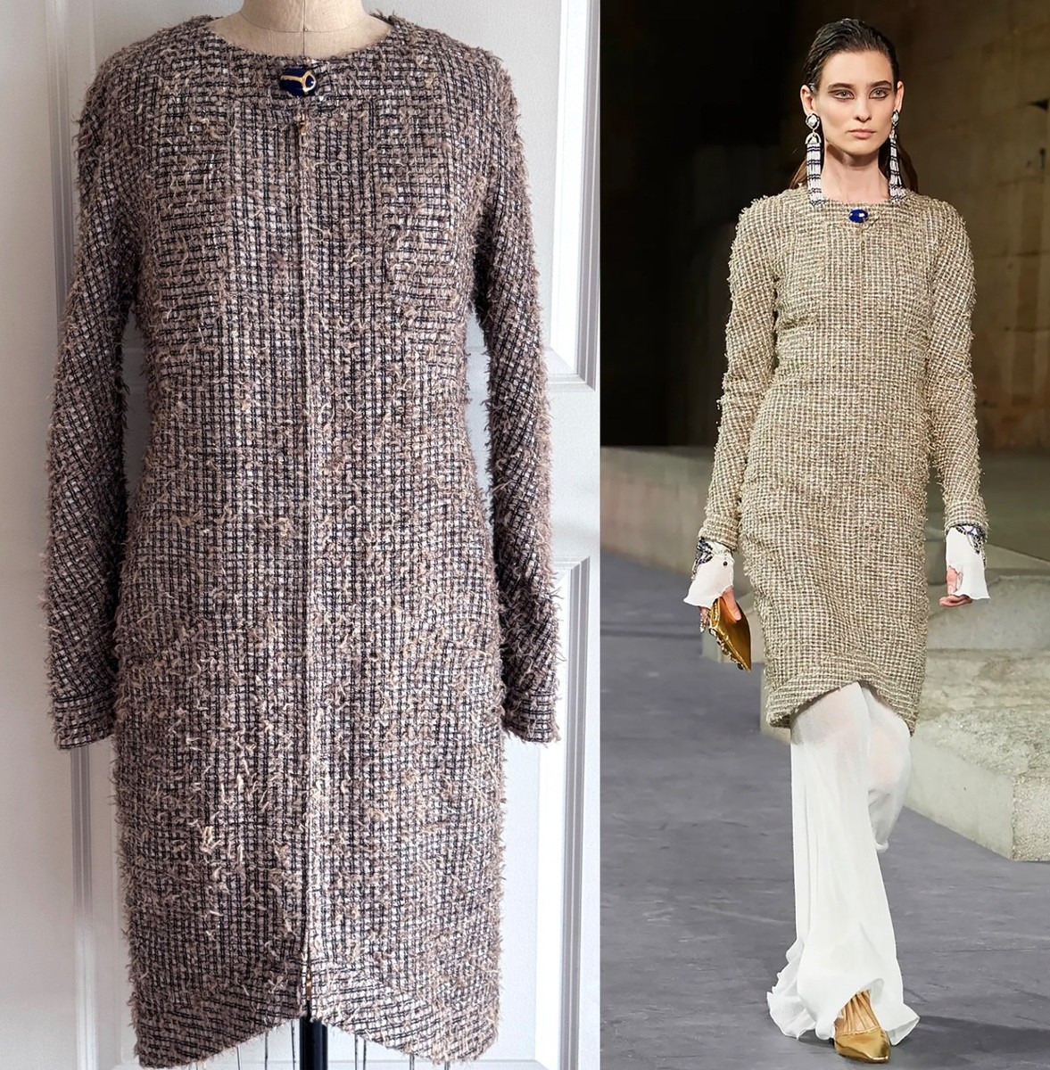 NWT CHANEL 19A EGYPT BEIGE BLACK SILVER FANTASY TWEED RUNWAY DRESS 40