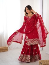 Designer Red Faux Georgette Sharara Set Heavy Embroidery Party Wear