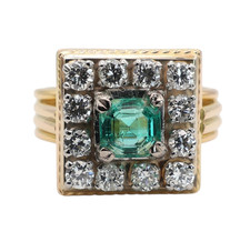 Emerald Ring 1.00ct Diamond 18ct Gold Cluster French Vintage O 1/2