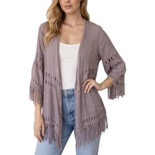 Dreamers Boho Fringe Kimono Cardigan XL Mauve Crochet Trim Festival Duster