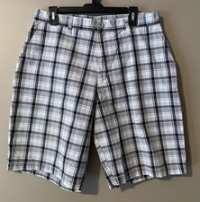 Burnside Mens Chino Casual Golf Shorts White Blue Gray Plaid Cotton Size 34