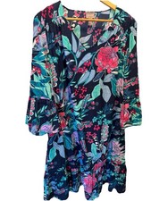 Chicos Floral Brilliant blooms Flutter Sleeve Knee Dress Womens 3.5 18 Tropical