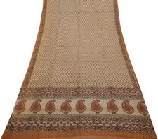 Sushila Vintage Cream Saree 100 Pure Cotton Hand Block Printed Floral Fabric