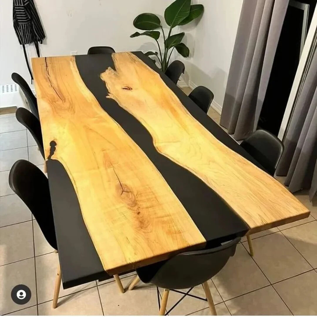 Black Epoxy Resin and Wood Modern Dining Table or Office Desk