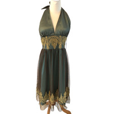 Adrianna Papell Green Halter Midi Dress 12 Gold Embroidered Backless Gown Formal