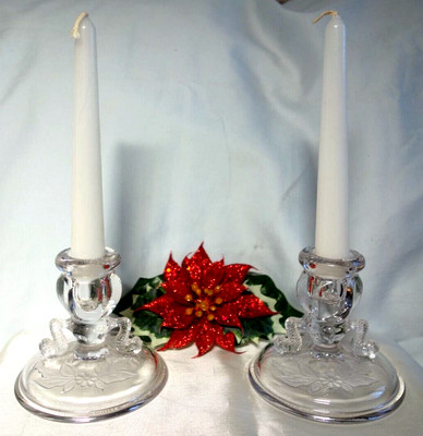 FENTON''1930's''CRYSTAL''POINSETTIA''DOLPHIN''CANDLE STICKS(2)MINT&PERF~VINTAGE GLASS