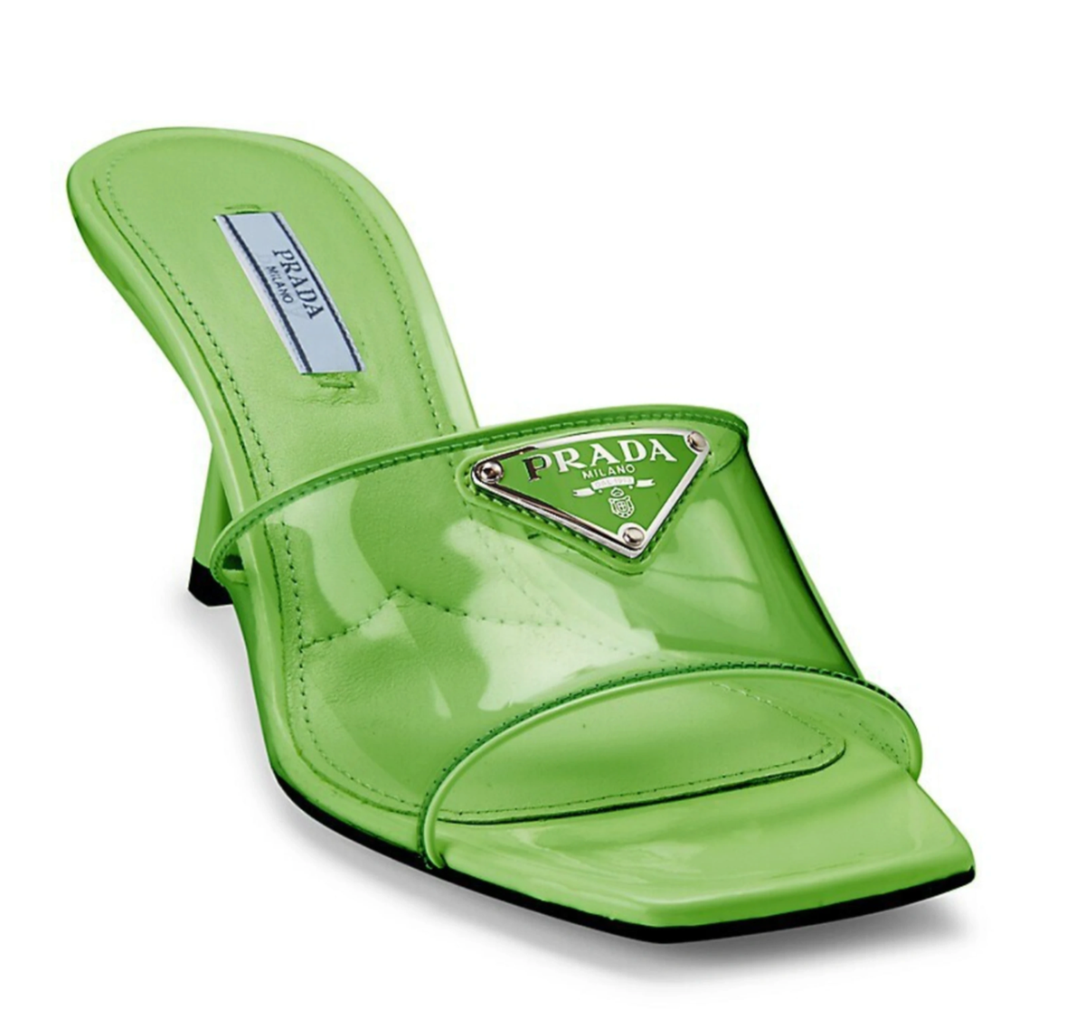 Prada Plexiglas Green PVC Patent Leather Backless Sandal Mule Heel