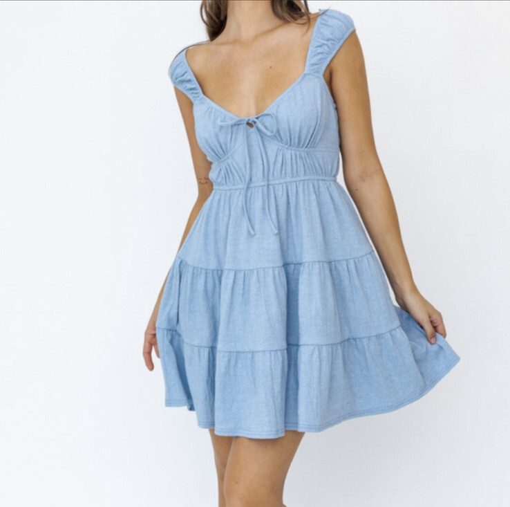 light blue flowy short dress Denim Daydream Scoop Neck Flowy Mini Dress