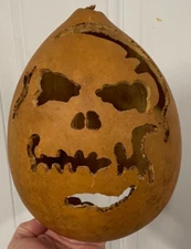 Vintage Hand Carved Halloween Skull Gourd Decor Horror Folk Art Prop 11" Tall