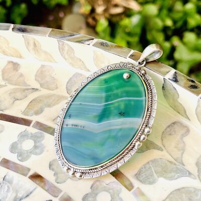 Sterling Silber 925 transluzent grüner Achat Edelstein oval Anhänger 16,8 g