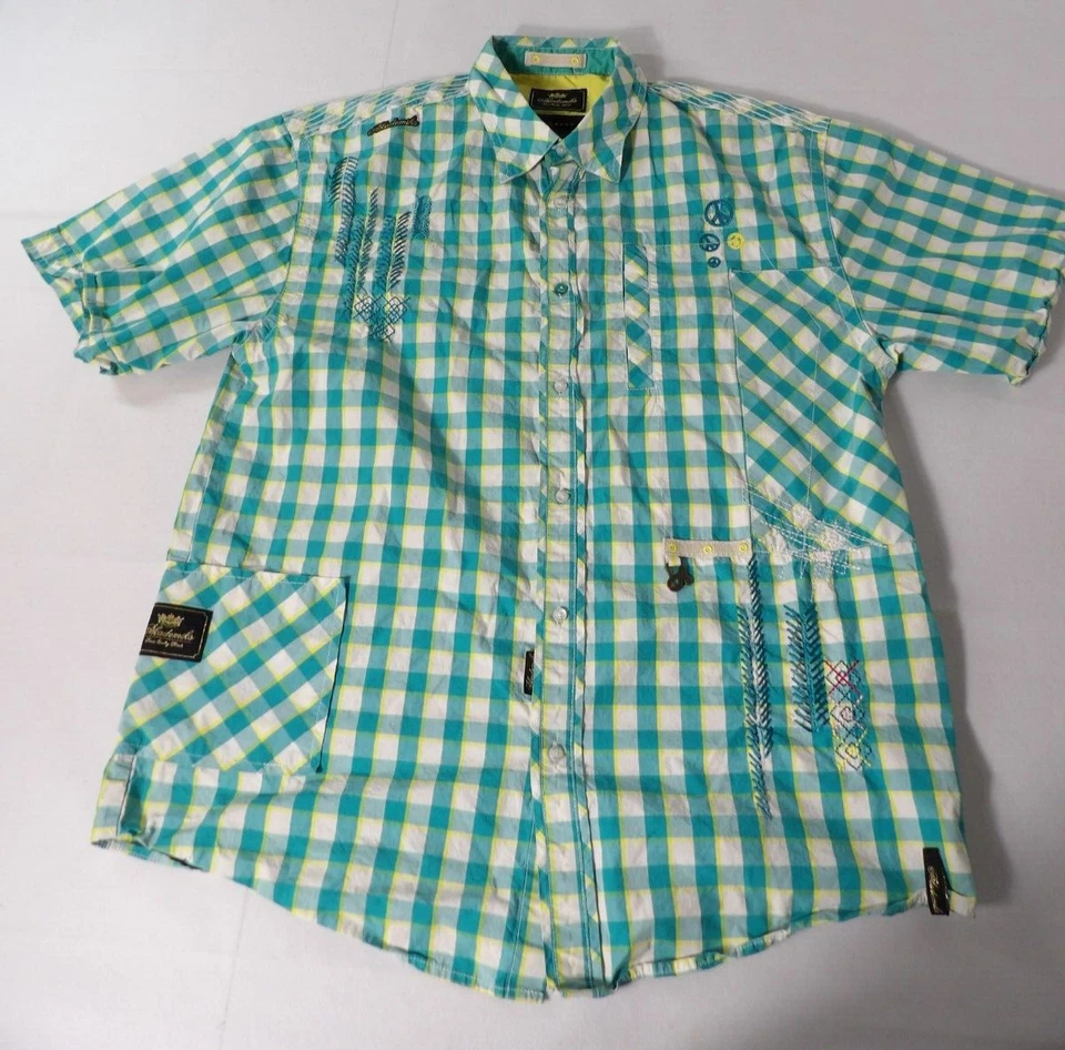 Akademiks Shirt XL Plaid Teal Yellow White Button Up Y2K Hip Hop Colorful Logo C - Image 2 of 4