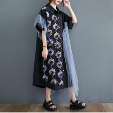 Lady Irregular Shirt Dress Mesh Patchwork Floral Embroidery Loose Casual Fashion