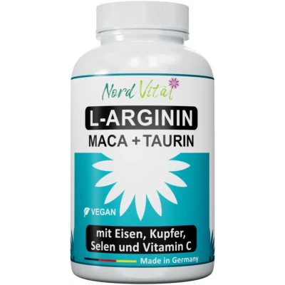 NORD VITAL L-Arginin, Taurin und Maca - mit Eisen, Kupfer, Selen und Vitamin C -180 kapseln