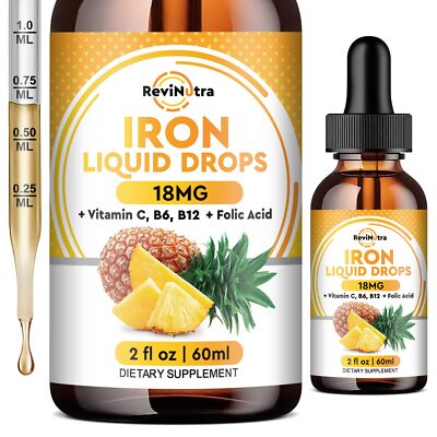 Liquid Iron Supplement for Women Men & Kids Liquid Iron Drops with Folate Vit...