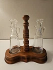 Vintage Anchor Hocking Clear Glass Vinegar And Oil Cruets In Wood Server