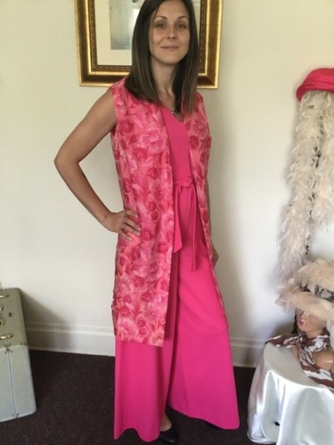 60er Vintage Hot Pink Palazzo Long Weste Disco Jumpsuit Set - Bild 1 von 12