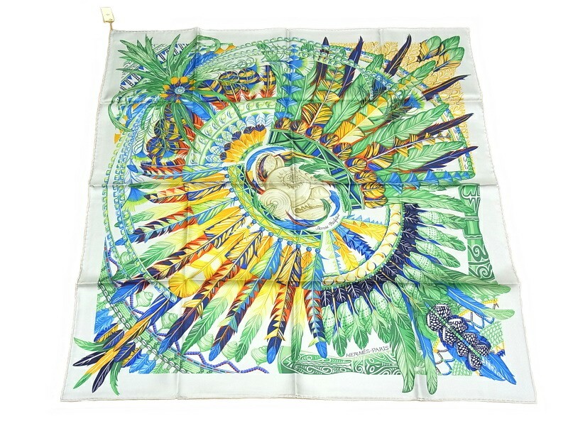 Hermes 100 Silk Scarf Carre 90 Feather Motif in Blue S r29_0710