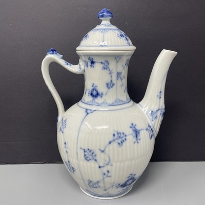 Royal Copenhagen Blue Fluted Plain Coffee Pot Fluted Half Lace Border Vtg