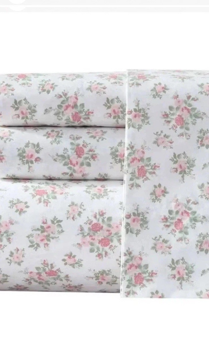 Laura Ashley Leanna Rose ~ Twin Sheet Set ~ Pink Floral ~ 100