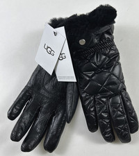 NEW UGG Size L/XL Women's Gloves Black Shearling Cuff Leather Palm Quilted TOUCH