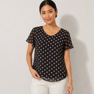 LOFT Black Medallion Print Mixed Media Flutter Sleeve Blouse Medium