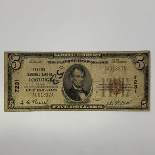 Coolidge TX #7231 1929Ty1 $5 National Currency Note 1837A