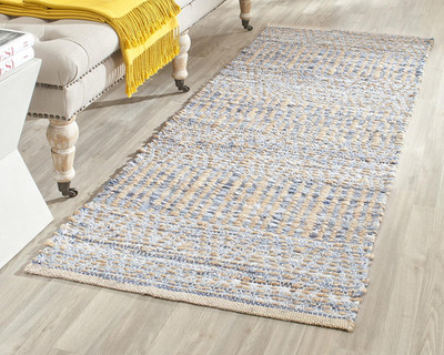 Cape Cod Braided Jute Runner Rug 2'3'' x 22' - Coastal Natural & Blue Design