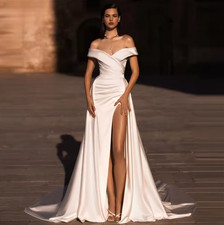 Simple Off Shoulder Satin V Neck A-Line Wedding Dress High Slit Zipper Back
