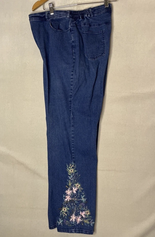 Denim & Co Jeans Large Blue Cotton Embroidered Floral Pants Pockets Whimsy - Image 4 of 4