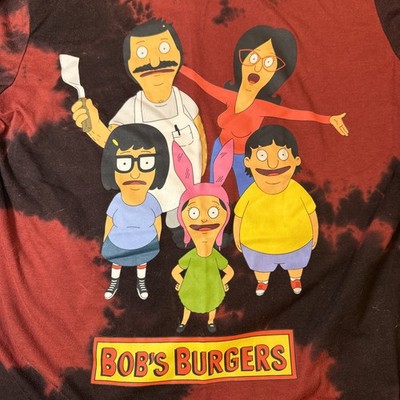 Official Bobs Burgers Cartoon TV Show Family Portrait Red Tie Dye Size Small