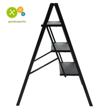3 Step Ladder Folding Step Stool With Wide Anti-Slip Pedal Aluminum Black