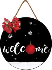 Round Christmas Welcome Sign 12" Wooden Front Door Wreath with Bow Decor