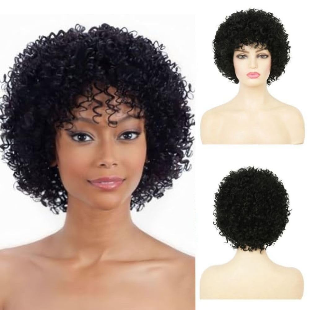 Black Short Curly Afro Wig for Black Women With Bangs Kinky Synthetic Heat Re...