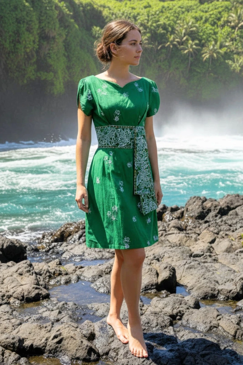 50s vintage Hawaiiドレス緑色 花柄 Party S Regular Size Hawaiian Vintage Dresses for Women for sale