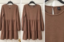 SHEIN Women’s Brown Knit Tiered Mini Dress Long Sleeve Round Neck L