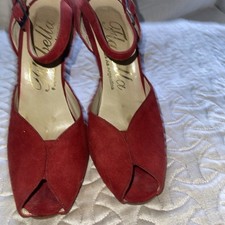 FLABELLA Argentine Tango Dance Women  s 6 Red SUEDE Open Toe Shoes Heel 4  
