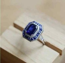 3 CT Blue Emerald Cut CZ Art Deco Style Women's Wedding Ring In Solid 925 Silver