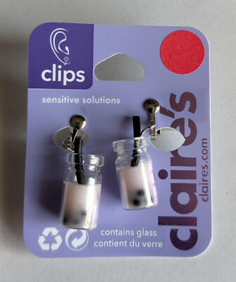 1 Pair Claire's Clip-On Sensitive Solutions Earrings Glass Boba Tea dangle NEW