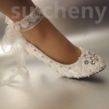 su.cheny Low heel White pearl flat lace satin Wedding Bridal bride shoes 5-13
