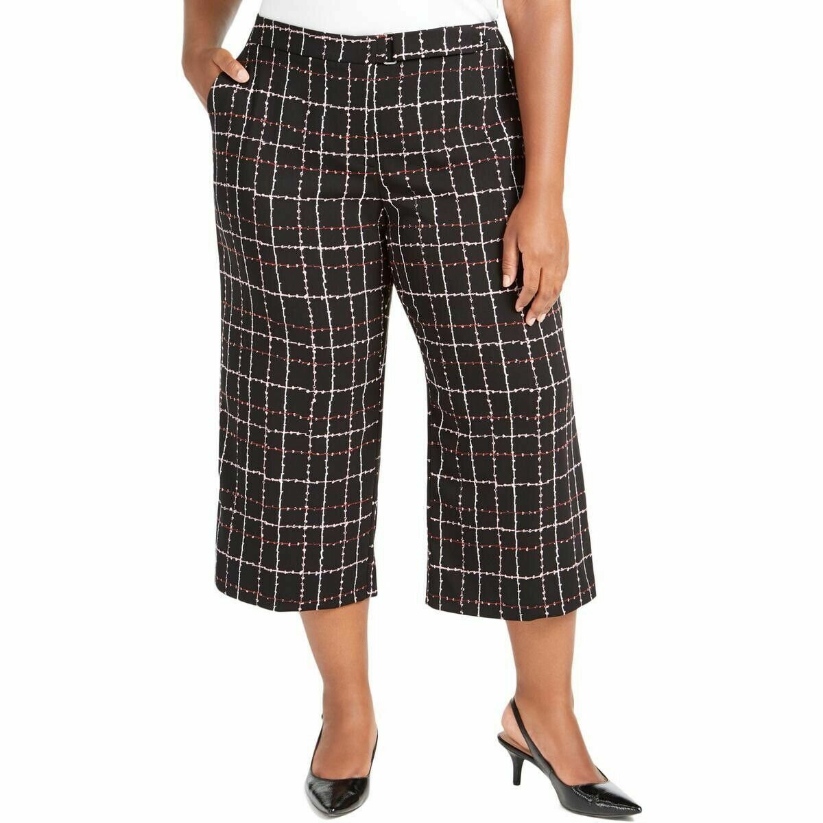 Alfani Women Plus 16W Black Printed Belted Wide Leg Culotte