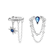 1Pc Silver Plated Ear Cuff Blue CZ Star Teardrop Earring No Pierced Clip On I123