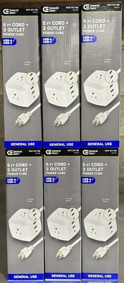 LOT OF 6 Commercial Electric 5 ft Extension Cord cube 3 Outlets 2 USB-A 1 USB-C