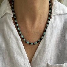 925 Sterling Silver Natural Kingman Turquoise and Black Onyx Beaded Necklace