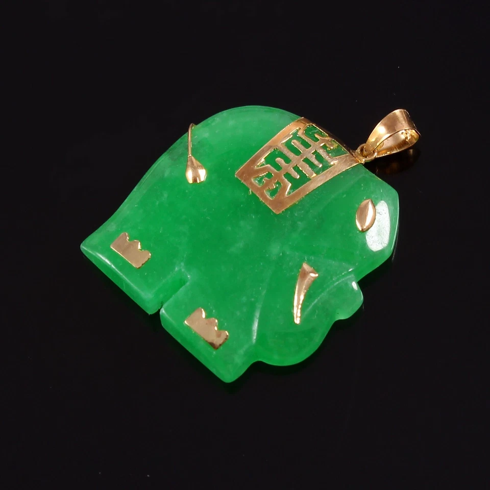 14k Solid Gold Schmuck Natürlich Grüner Jade Edelstein Hand Geschnitzt Elefant - Bild 2 von 4