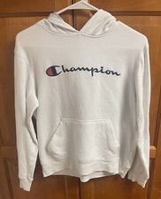 Champion Youth Large 10-12 white Hooded Sweatshirt Navy Embroidered Logo