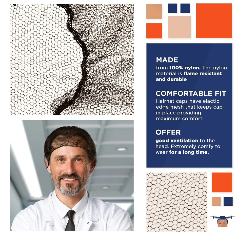 1000 Pack Dark Brown Disposable Nylon Hair Nets 18" /w Elastic Edge Mesh - Image 3 of 4