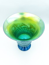 Steven Lundberg Glass Art Iridescent Blue Hand Blown Vase 9" Signed 2000