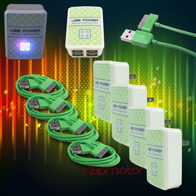 4X 4 USB-ANSCHLÜSSE WANDADAPTER + 10 FUSS KABEL NETZTEIL LADEGERÄT DATEN GRÜN GALAXY TAB HINWEIS