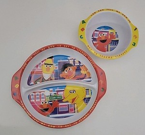 Sesame Street Melamine Divided Plate Bowl Set Elmo Big Bird Bert Ernie 
