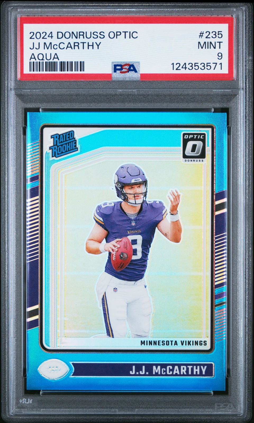 2024 PANINI DONRUSS OPTIC AQUA #235 JJ MCCARTHY 235/299 PSA 9